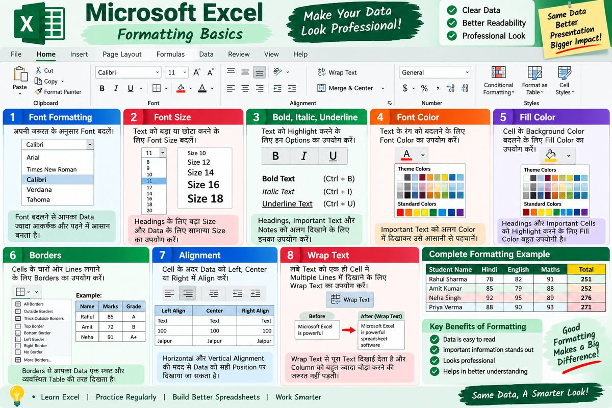 Excel Formatting क्या है? Font, Color, Borders, Alignment और Wrap Text