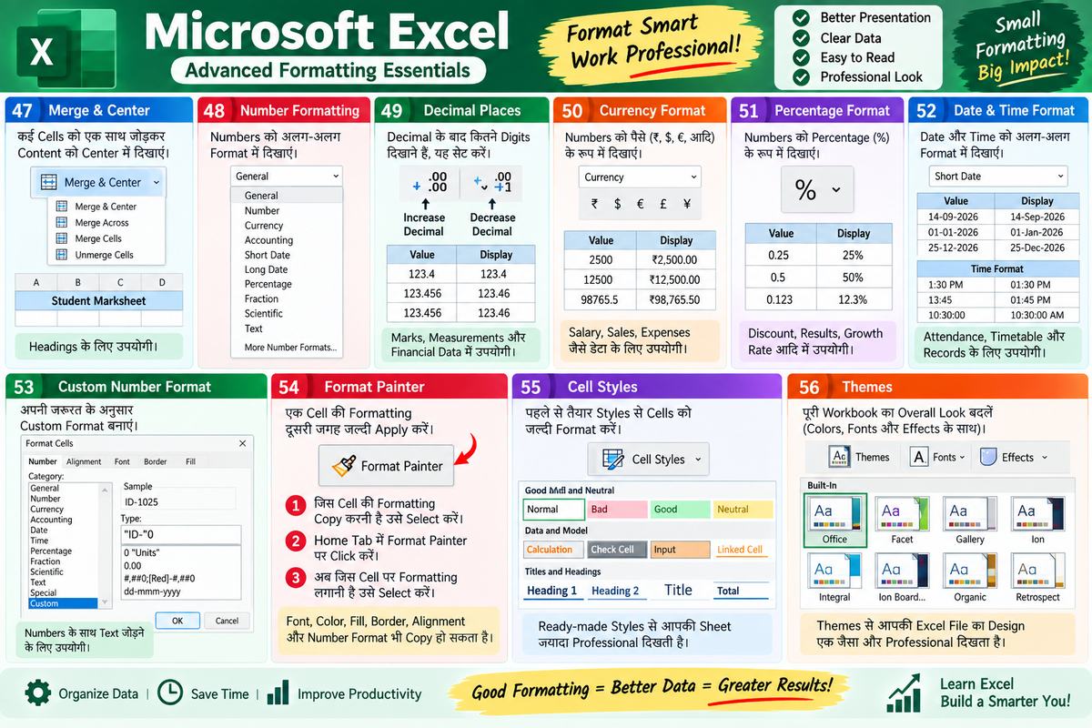 Excel Formatting: Merge & Center, Number, Currency, Percentage और Date Format