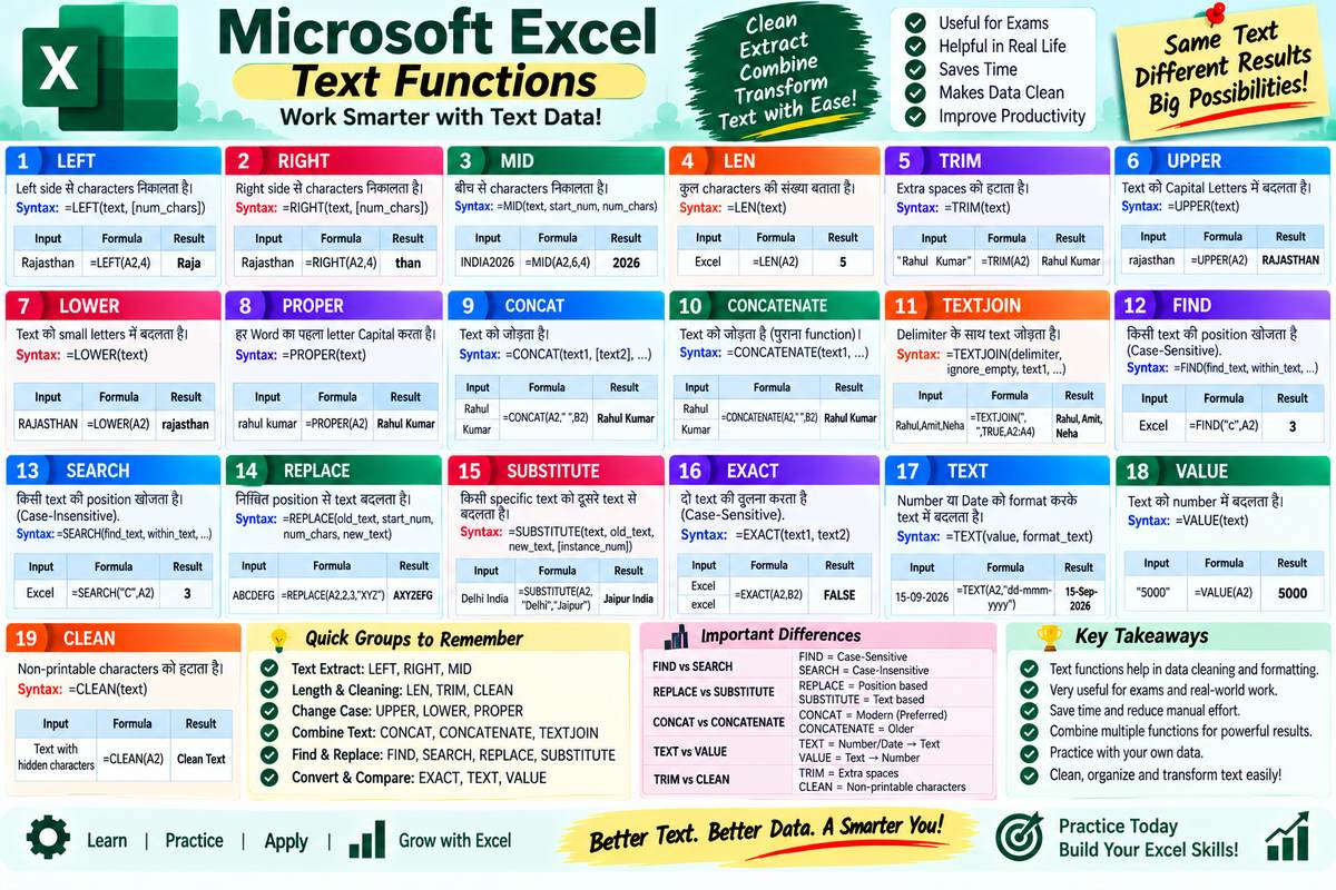 Excel Text Functions in Hindi – LEFT, RIGHT, MID, LEN, CONCAT, TEXTJOIN - Rajasthan GK and Computer Notes for Patwari & LDC Exam - NotesMind