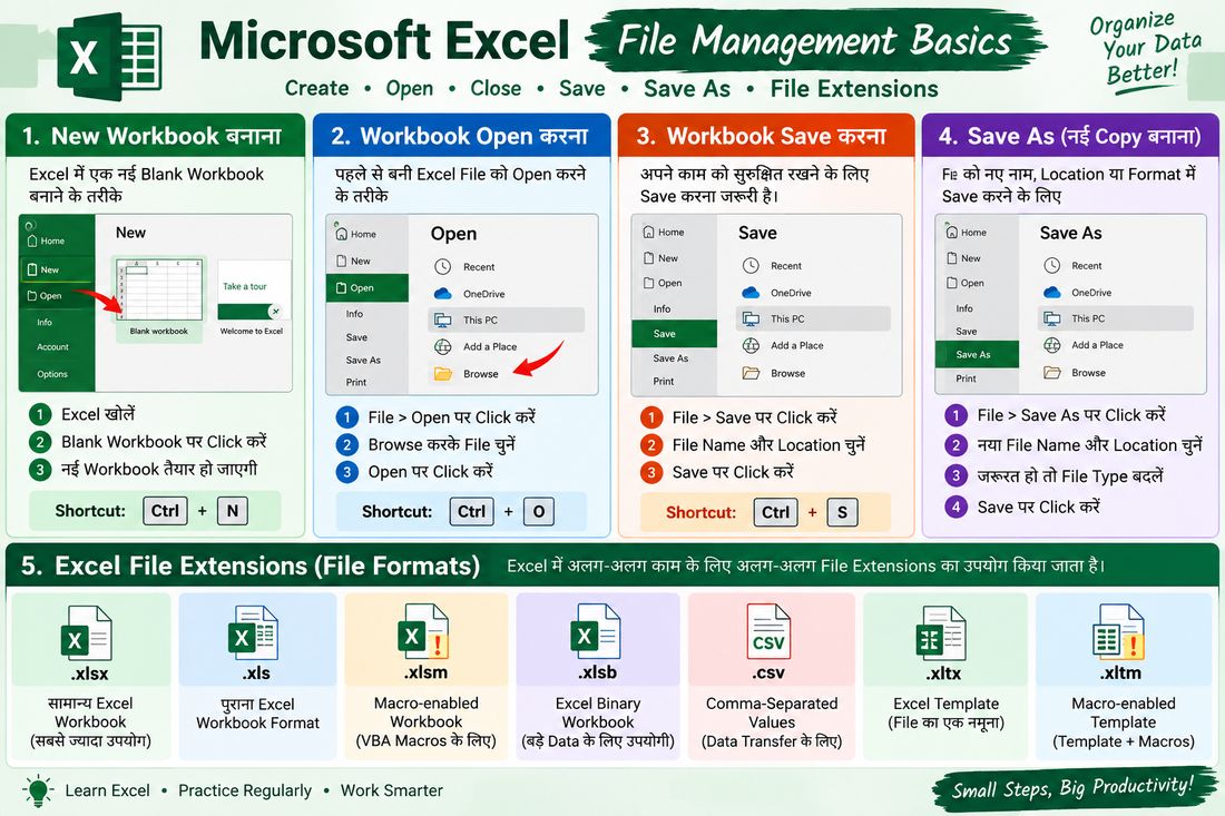 Microsoft Excel में New Workbook, Save, Open और File Extensions - Rajasthan GK and Computer Notes for Patwari & LDC Exam - NotesMind