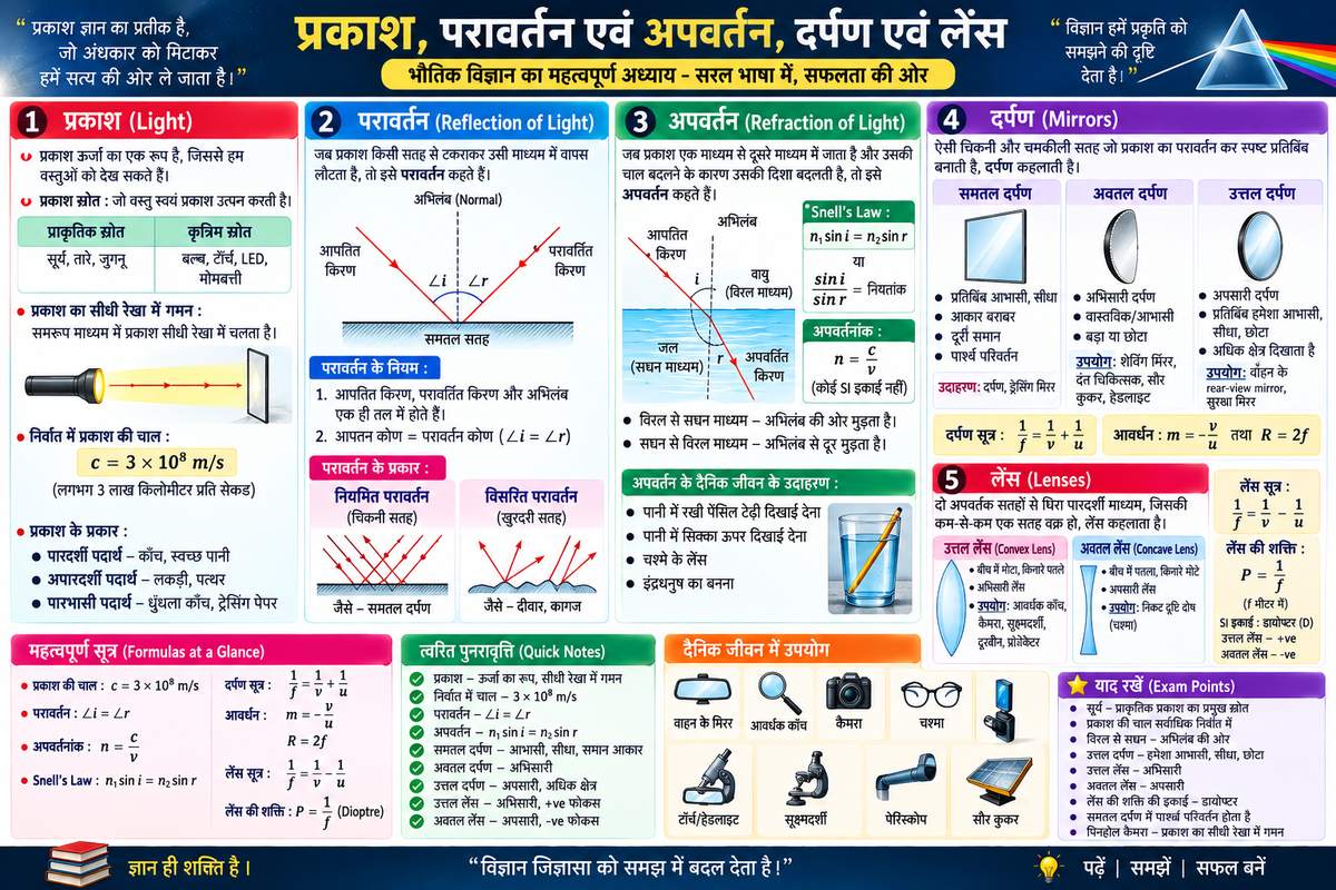 प्रकाश, परावर्तन एवं अपवर्तन, दर्पण एवं लेंस – Physics Notes in Hindi