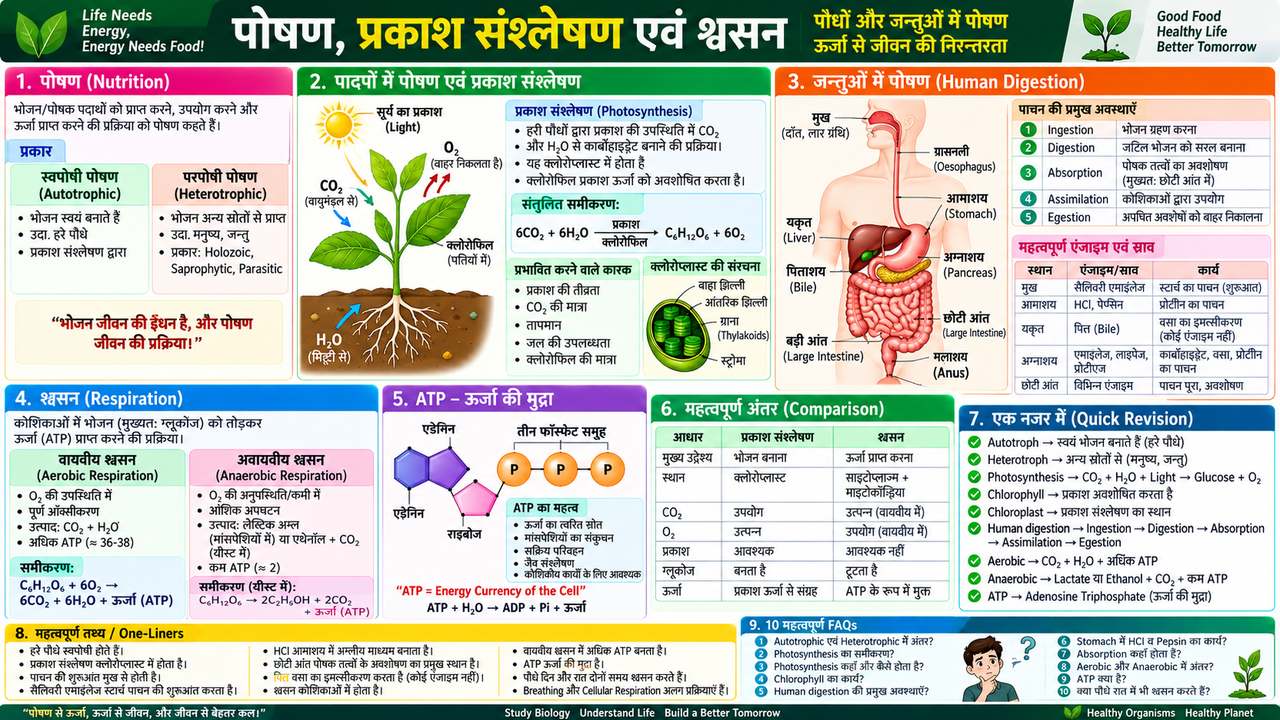 पोषण, प्रकाश संश्लेषण एवं श्वसन | Nutrition, Photosynthesis & Respiration Notes