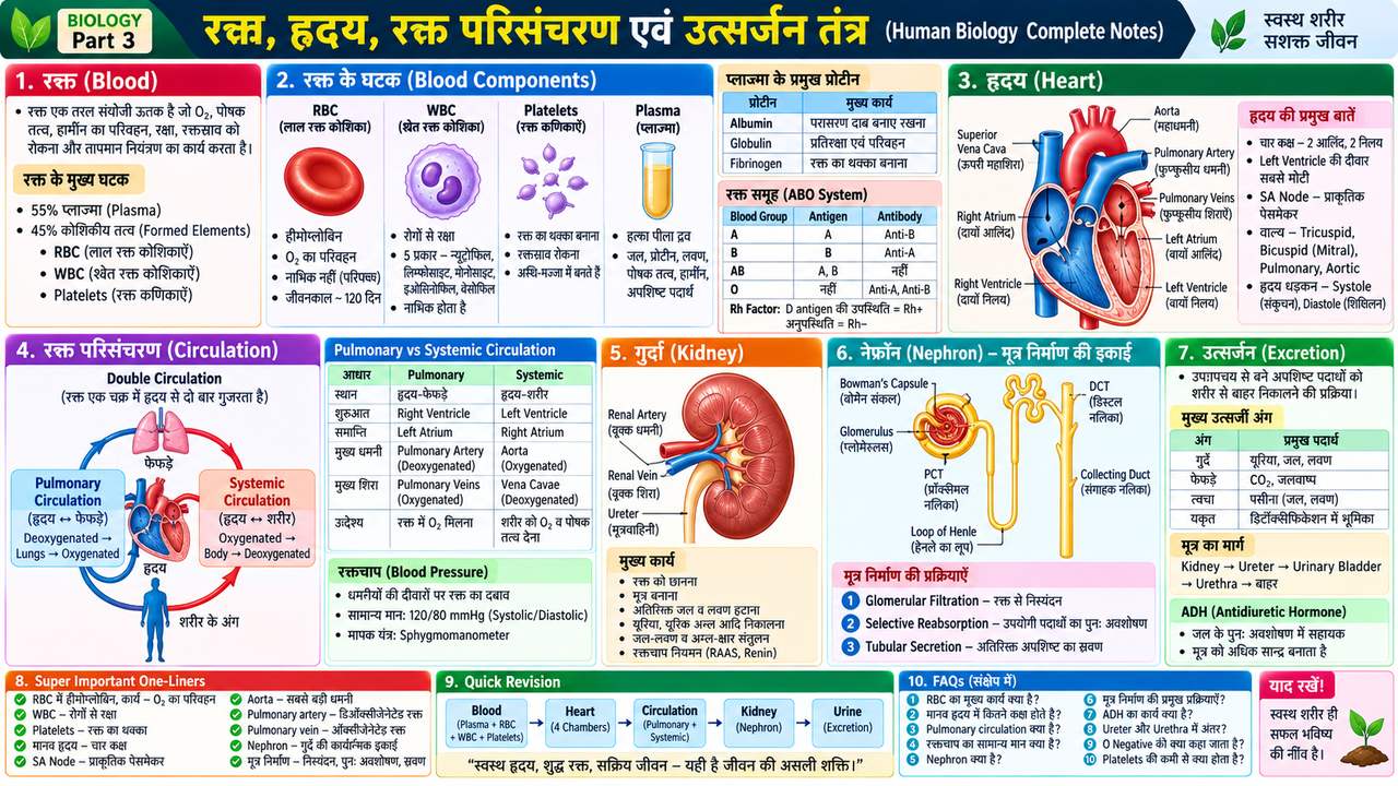 रक्त, हृदय, रक्त परिसंचरण एवं उत्सर्जन तंत्र | Human Biology Notes