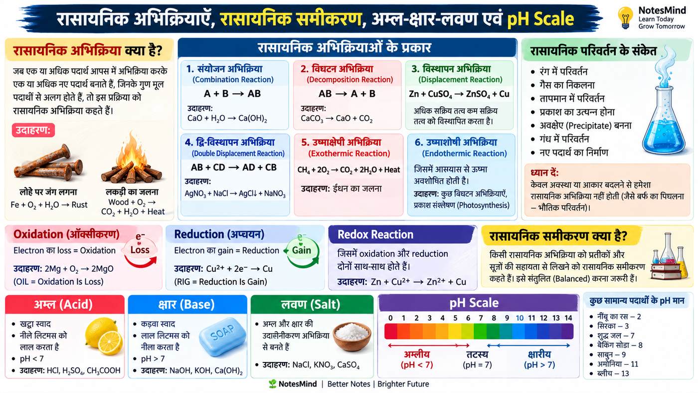 रासायनिक अभिक्रियाएँ, समीकरण, अम्ल-क्षार-लवण एवं pH Scale - Rajasthan GK and Computer Notes for Patwari & LDC Exam - NotesMind