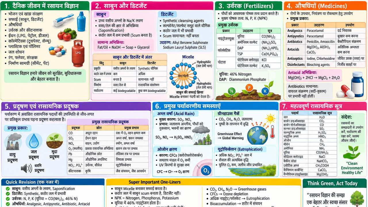 दैनिक जीवन में रसायन विज्ञान, साबुन, डिटर्जेंट, उर्वरक, औषधियाँ एवं प्रदूषण
