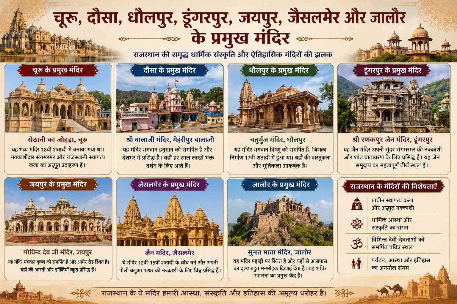 चूरू, दौसा, धौलपुर, डूंगरपुर, जयपुर, जैसलमेर और जालौर के प्रमुख मंदिर की अद्भुत यात्रा - Rajasthan GK and Computer Notes for Patwari & LDC Exam - NotesMind