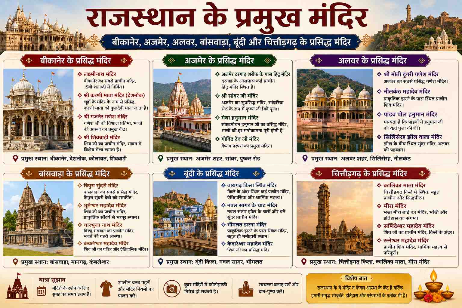 राजस्थान के प्रमुख मंदिर: बीकानेर, अजमेर, अलवर, बांसवाड़ा, बूंदी और चित्तौड़गढ़ के प्रसिद्ध मंदिर - राजस्थान के प्रमुख मंदिर Study Material - NotesMind