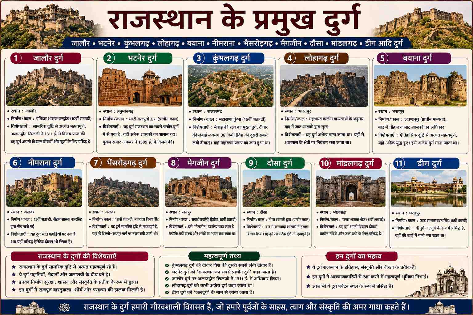 राजस्थान के प्रमुख दुर्ग: जालौर, भटनेर, कुंभलगढ़, लोहागढ़ एवं बयाना दुर्ग , नीमराना, भैंसरोड़गढ़, मैगजीन, दौसा, मांडलगढ़, डीग आदि दुर्ग - राजस्थान के दुर्ग एवं किले Study Material - NotesMind